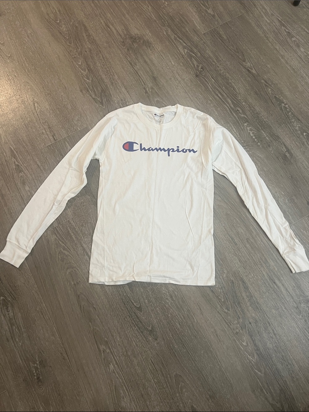 Champion White Long Sleeve Tee with Blue Script Logo